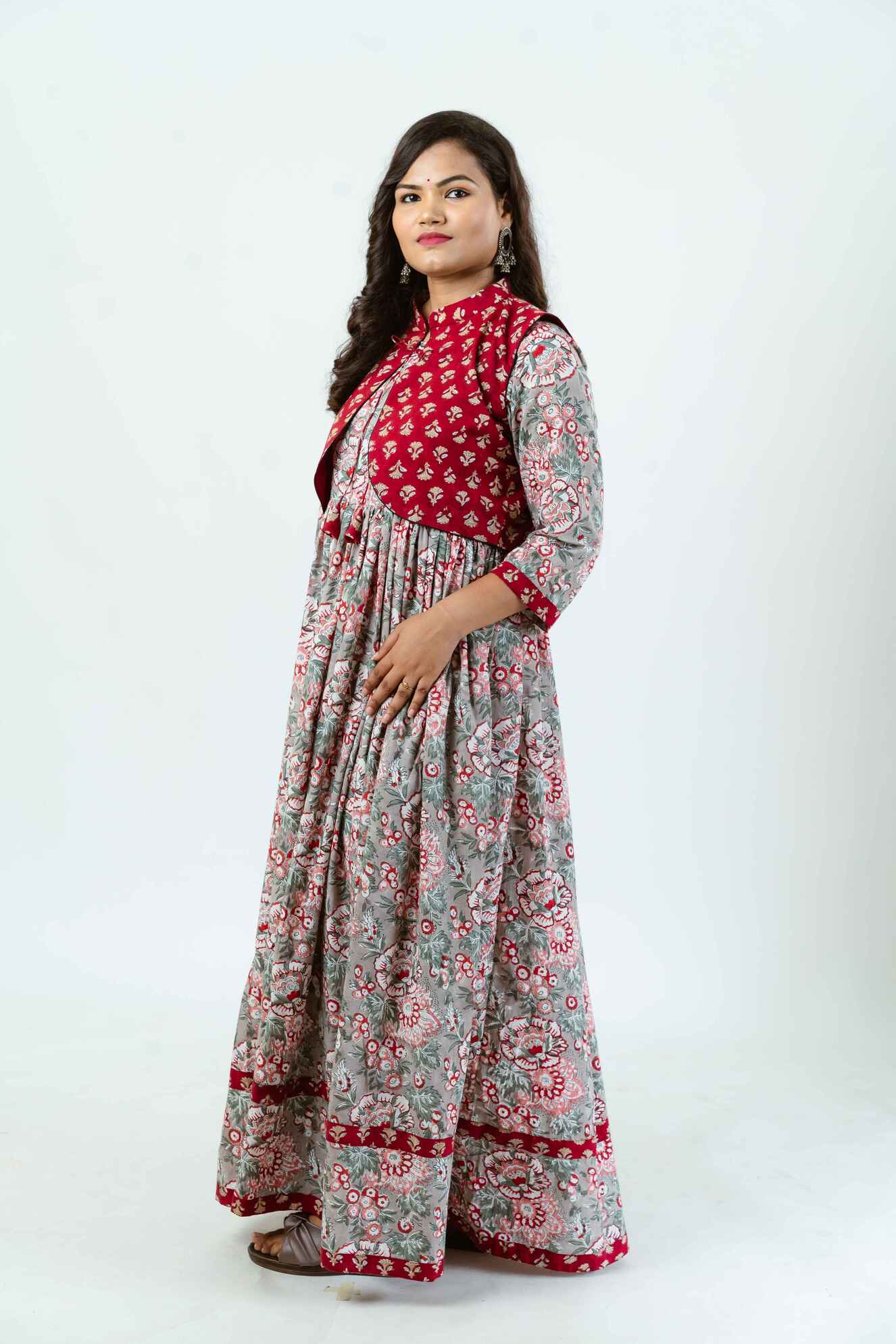 Grey Floral Block Print Dress with Red Jacket