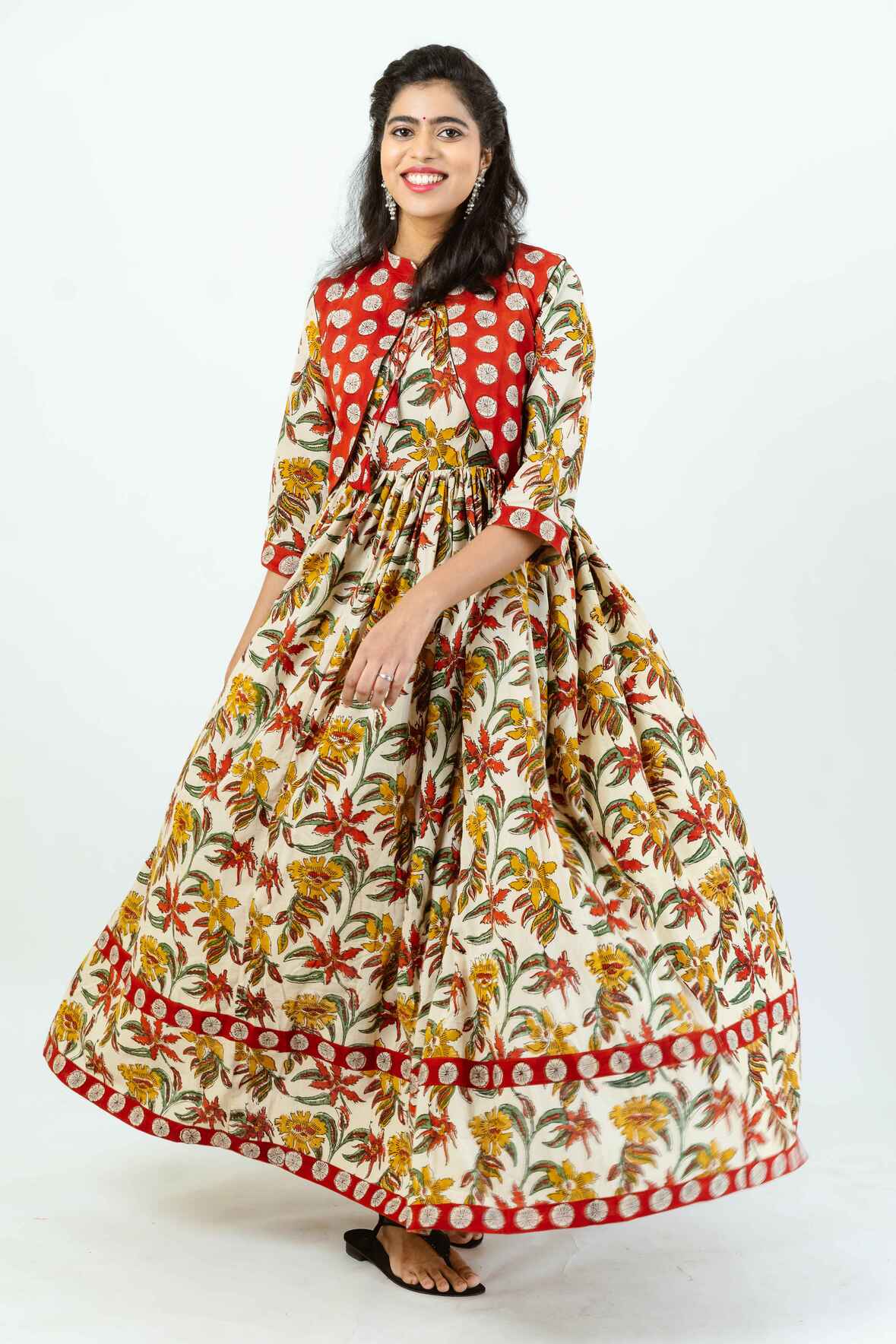 Cream Floral Block Print Dress with Contrast Polka Jacket