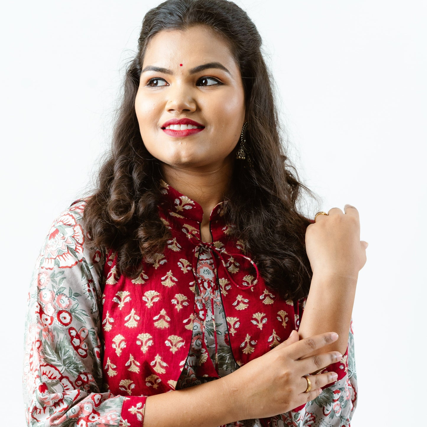 Grey Floral Block Print Dress with Red Jacket