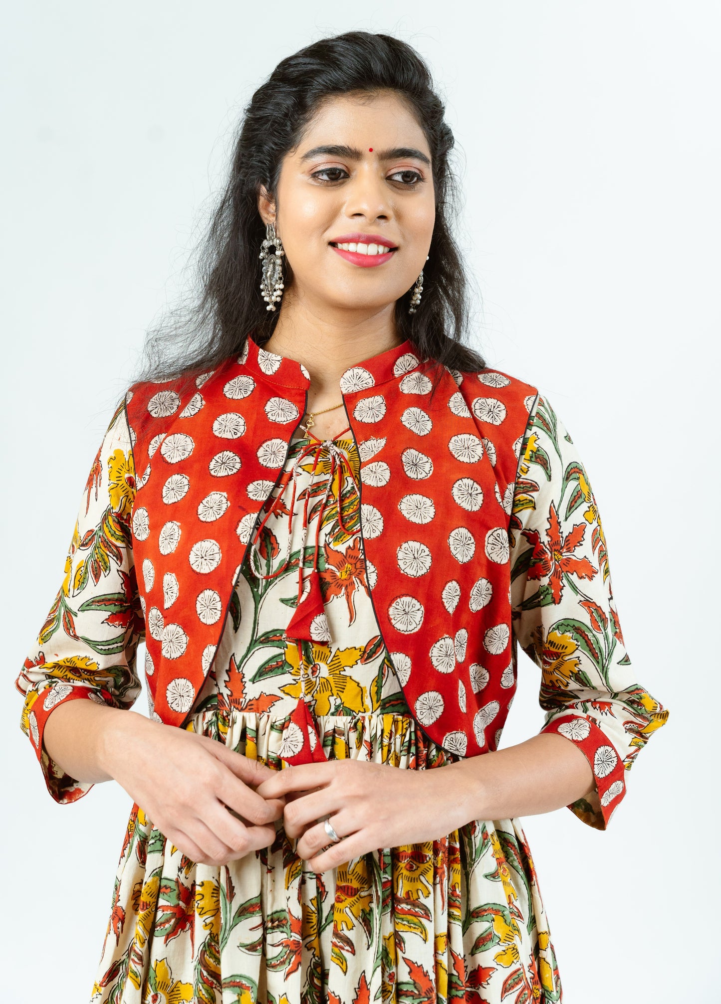 Cream Floral Block Print Dress with Contrast Polka Jacket