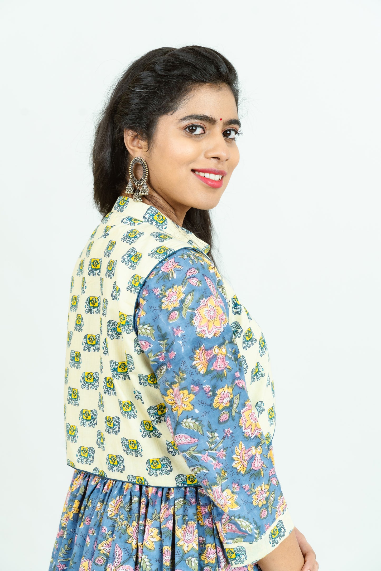 Blue Floral Dress with Contrast Jacket