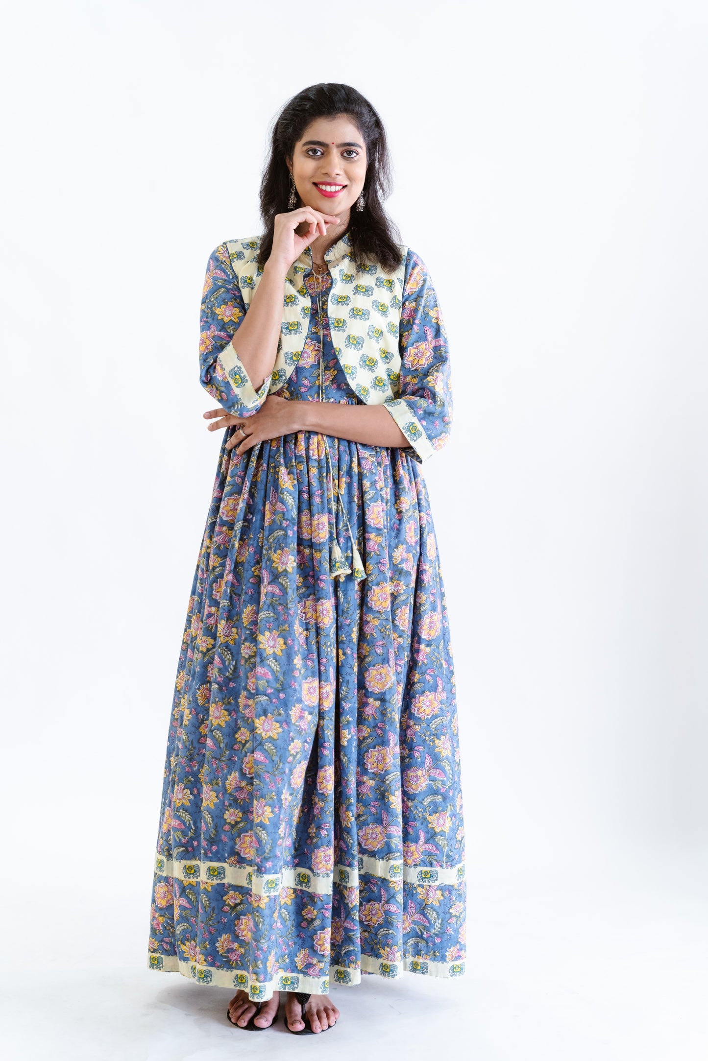 Blue Floral Dress with Contrast Jacket