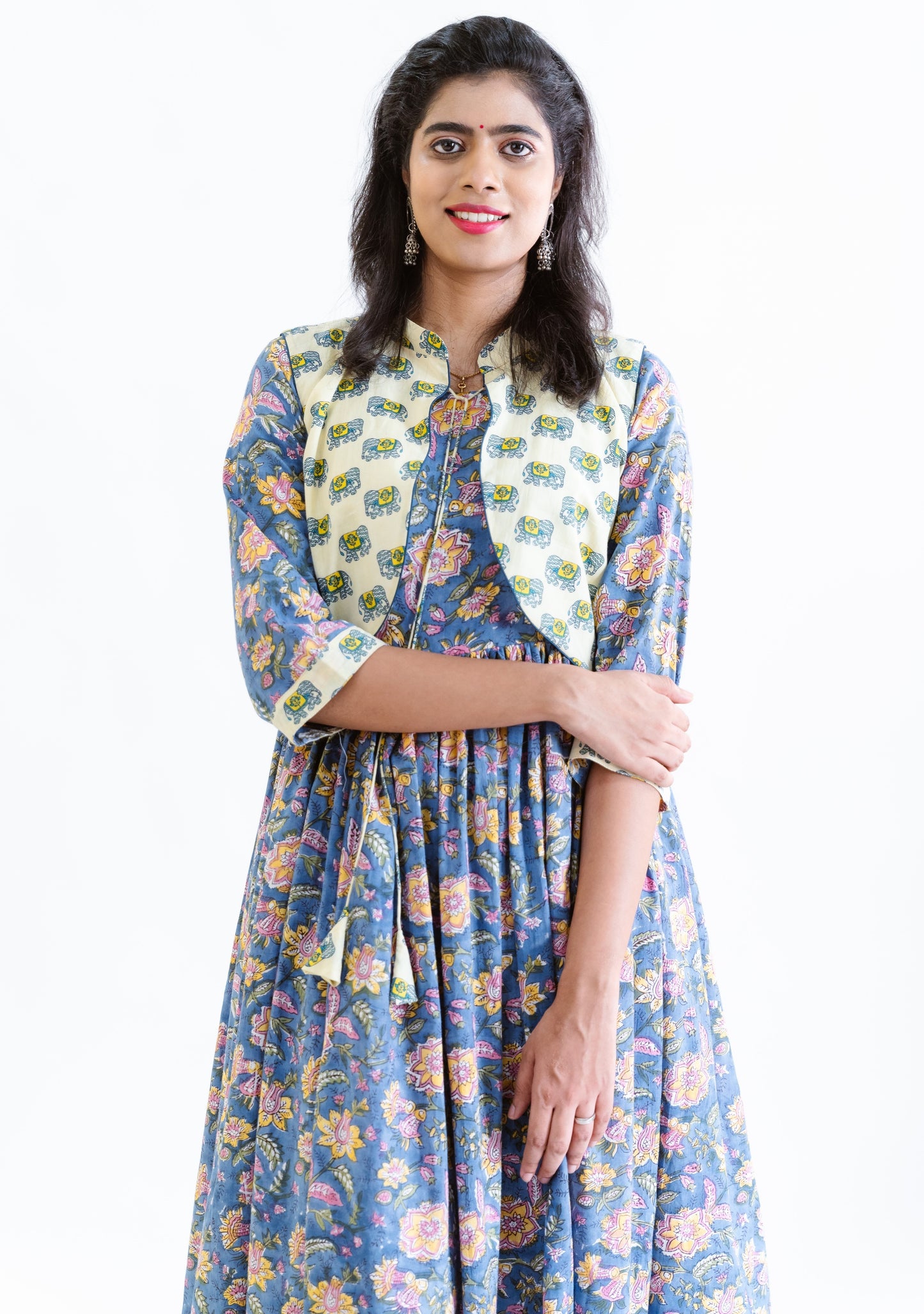 Blue Floral Dress with Contrast Jacket