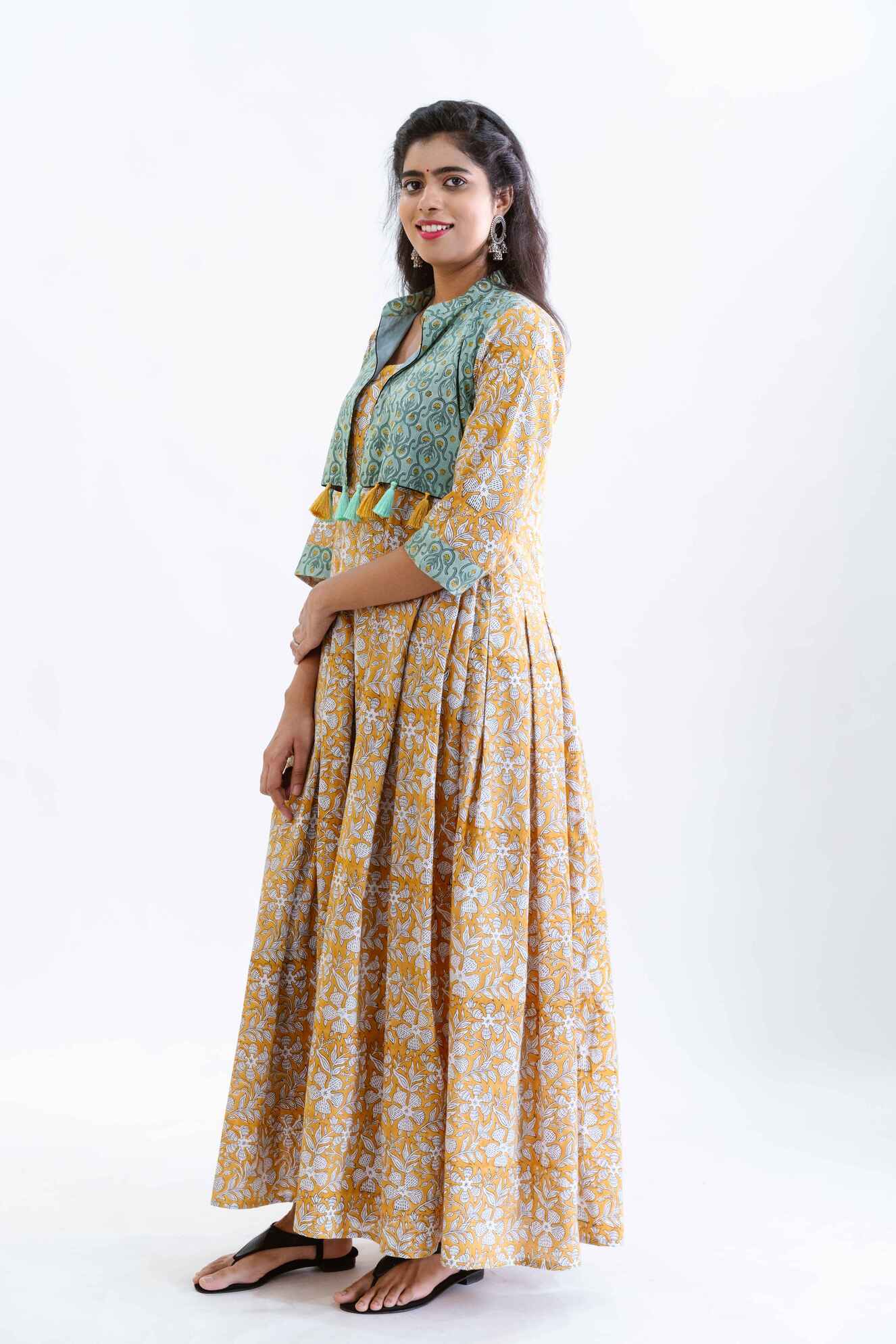 Yellow Floral Block Print Dress with Teal Jacket