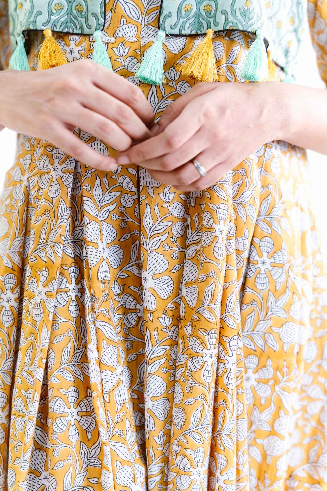 Yellow Floral Block Print Dress with Teal Jacket