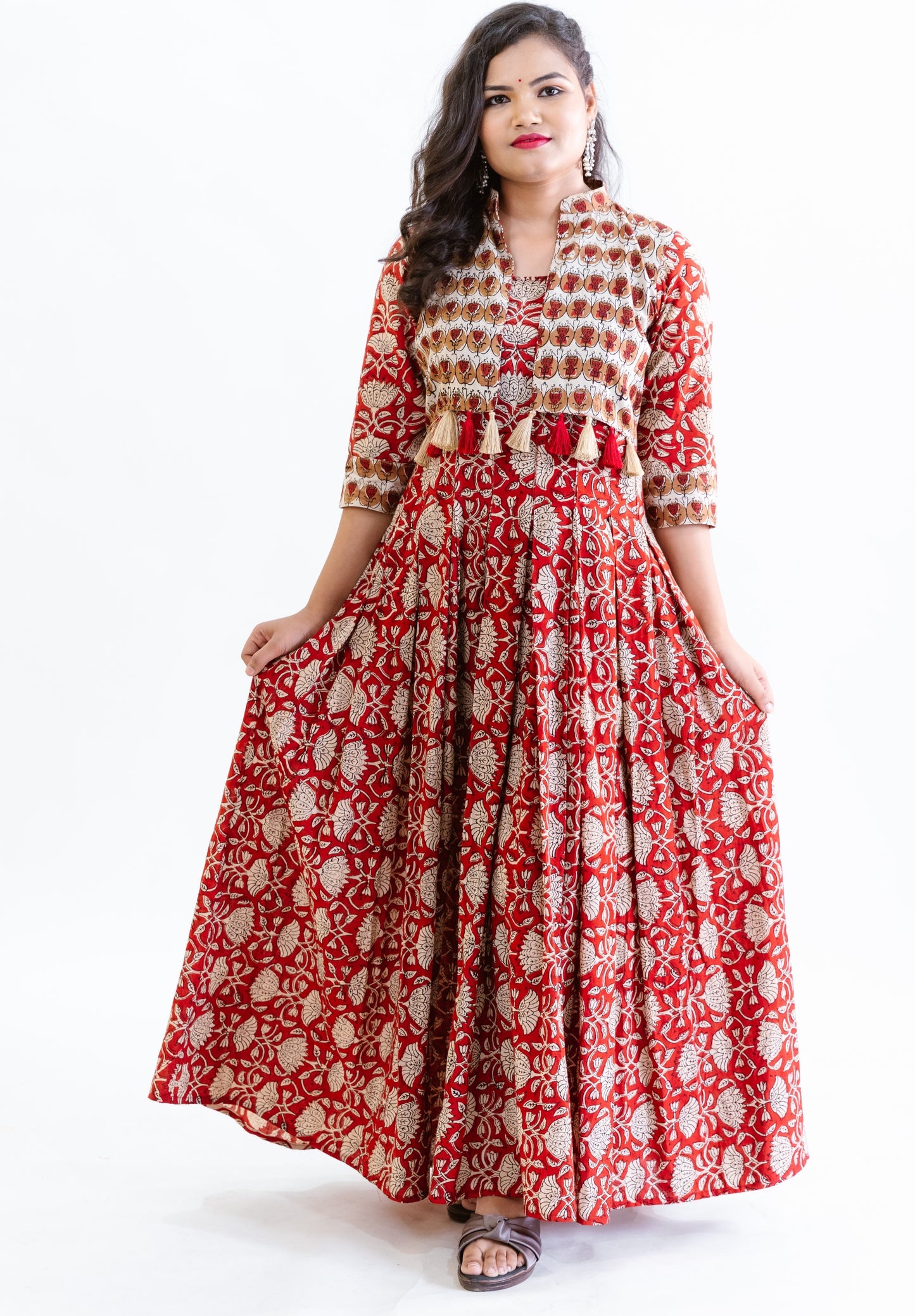 Red Block Print Dress with Contrast Jacket