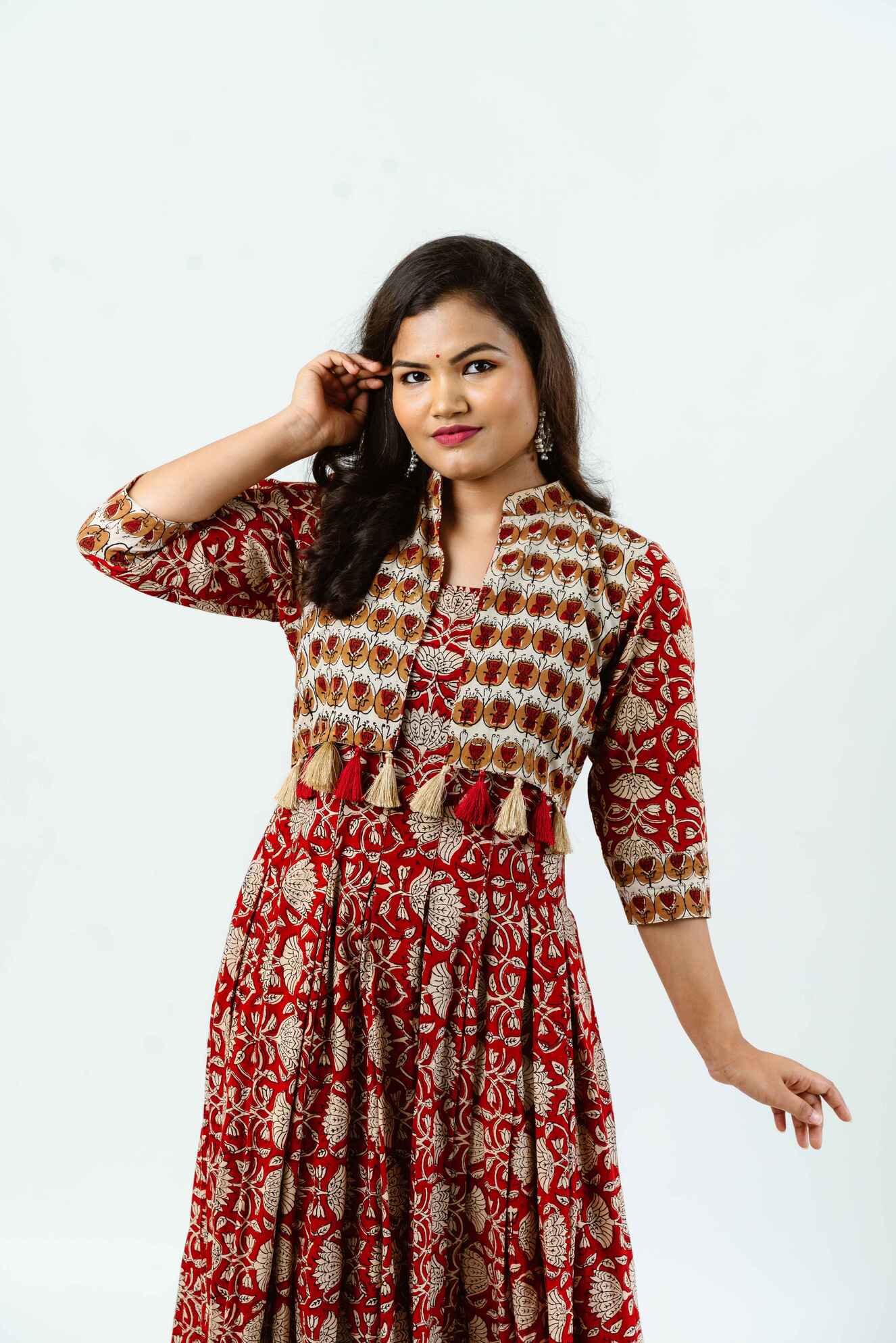 Red Block Print Dress with Contrast Jacket