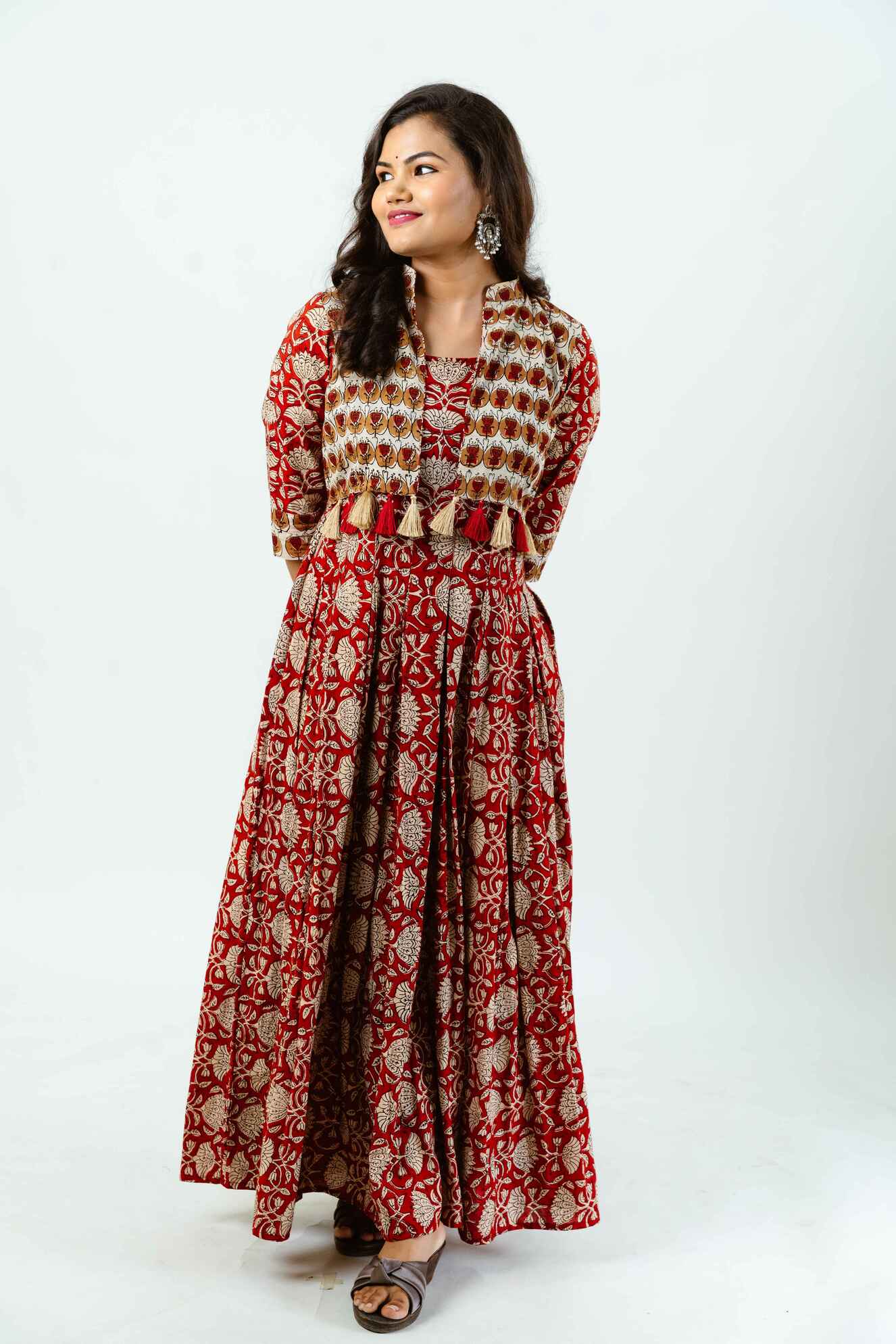 Red Block Print Dress with Contrast Jacket