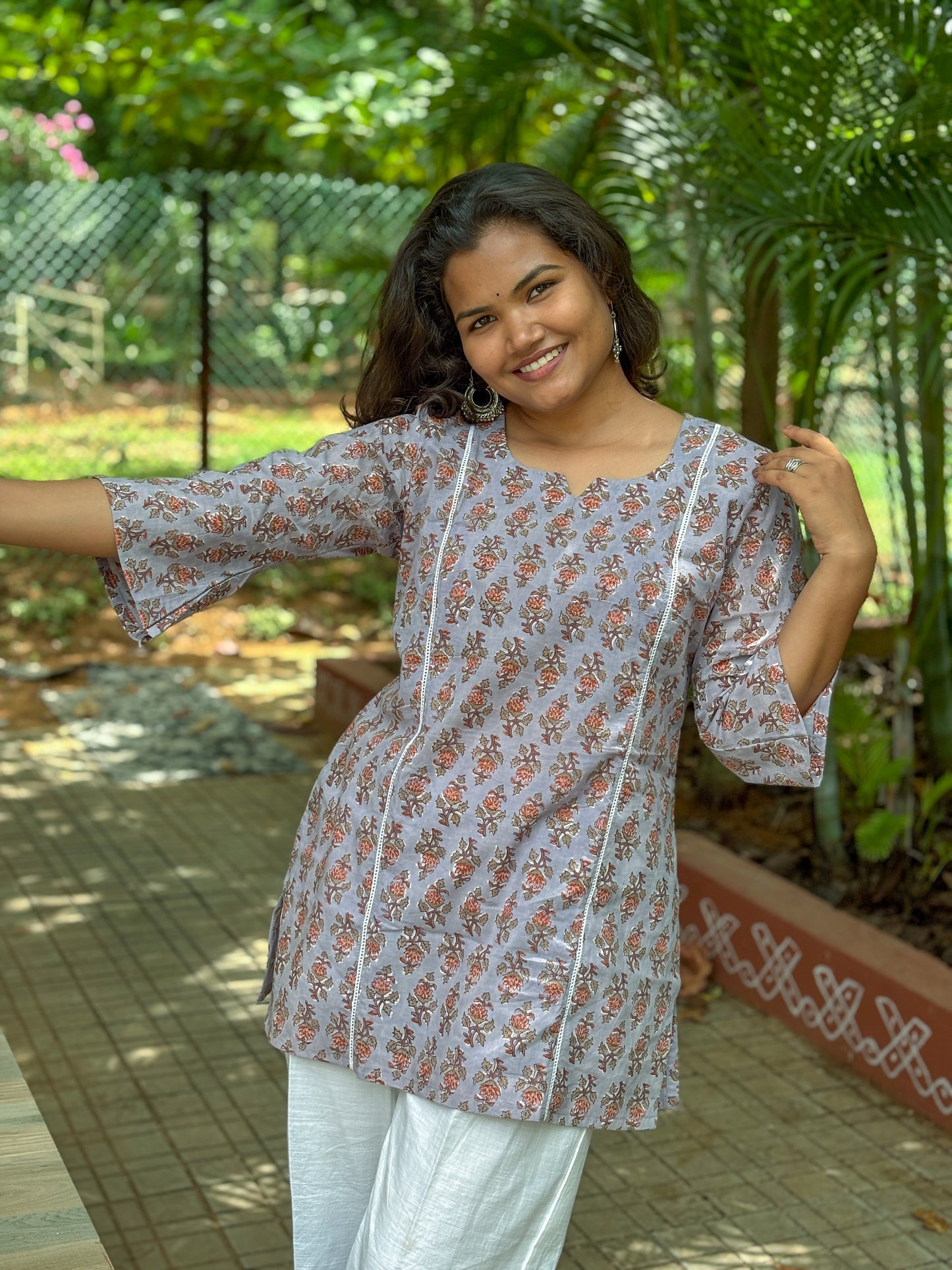 Rust Petal Printed Short Kurti