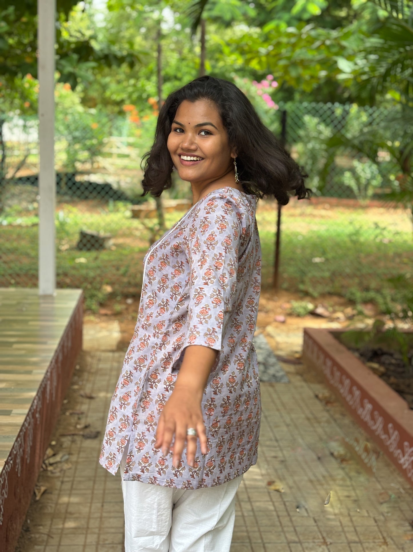 Rust Petal Printed Short Kurti