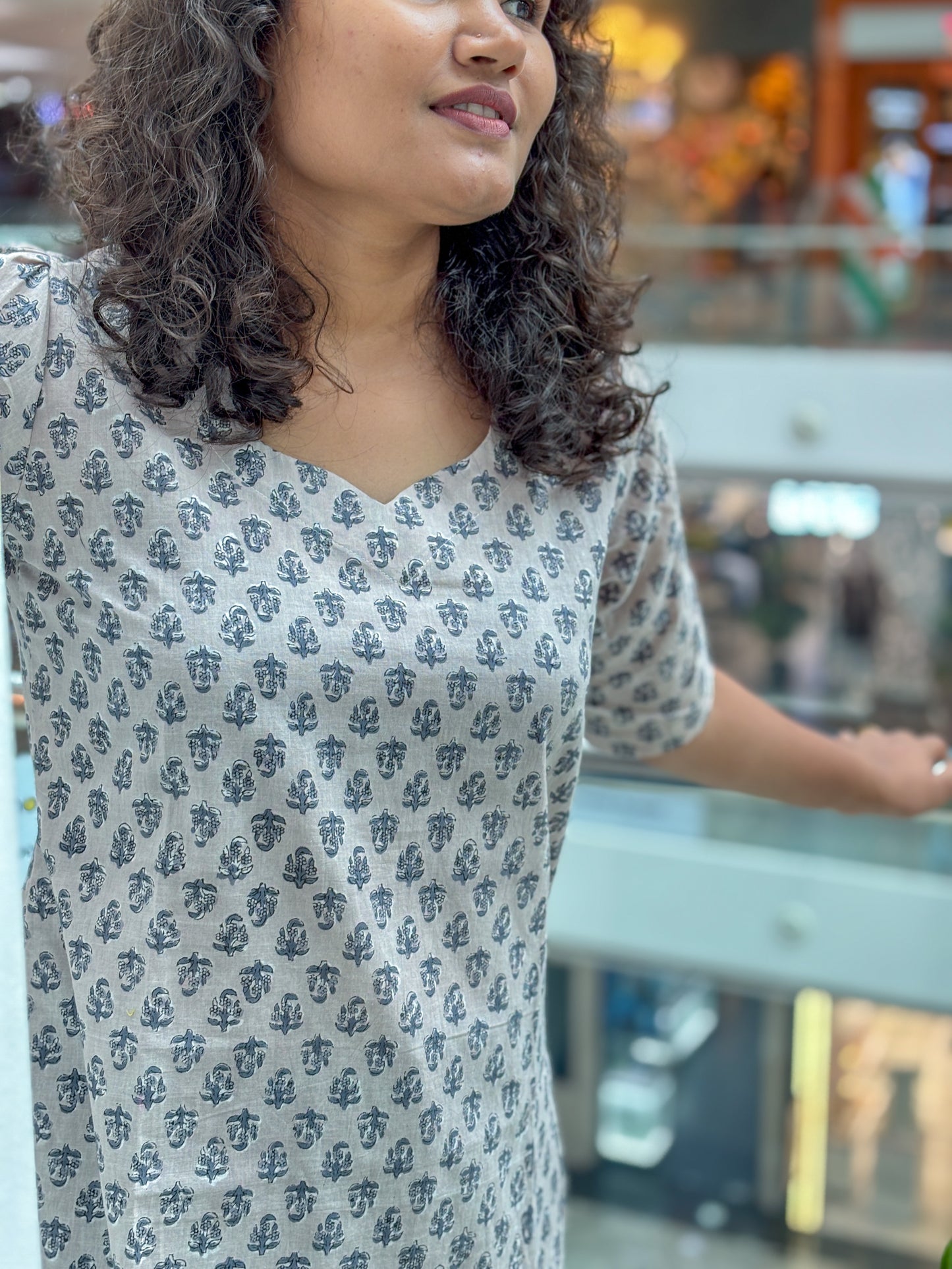 Grey Buti Handblock Cotton Kurti