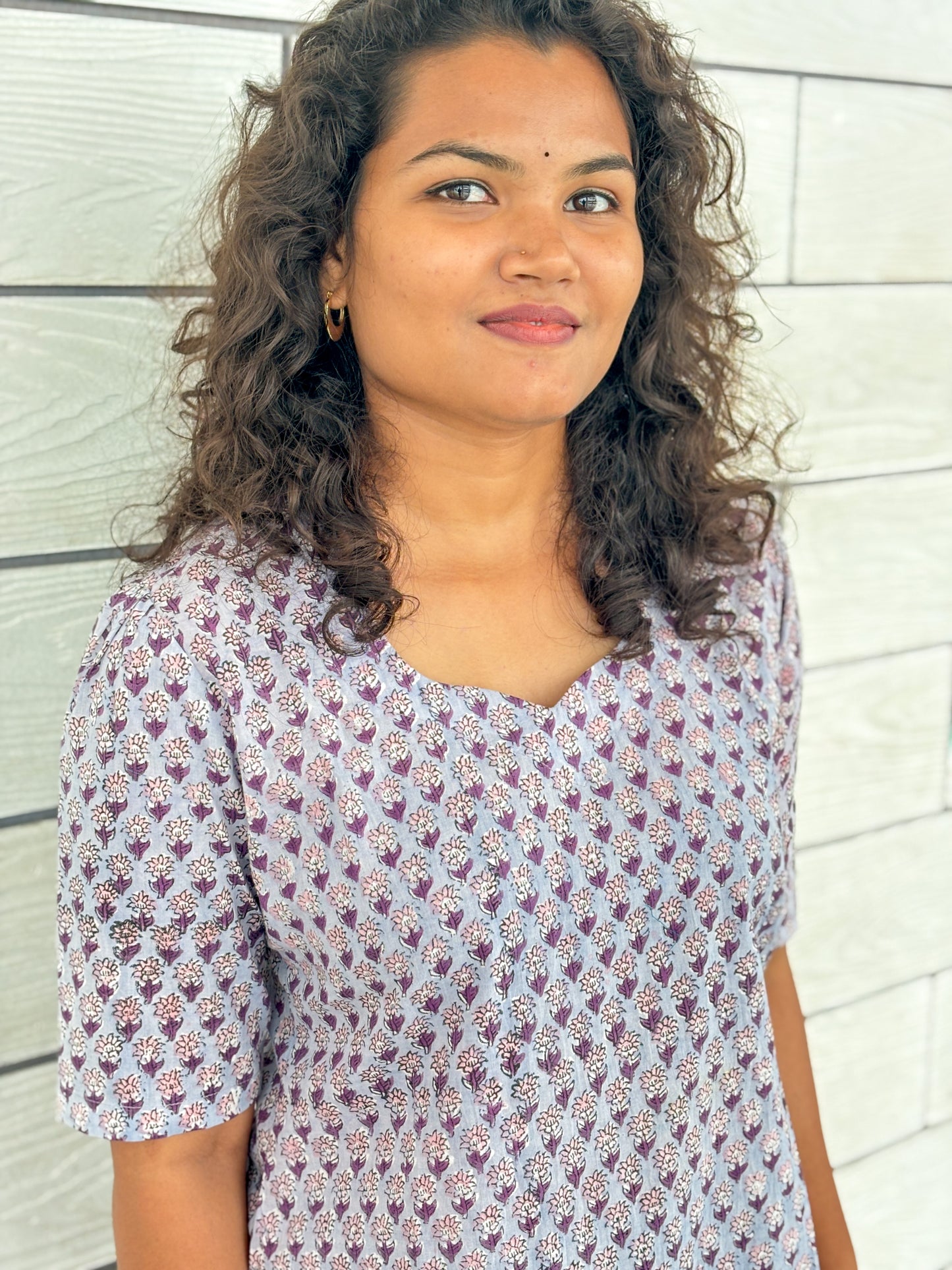 Lavender Bloom Handblock Cotton Kurti