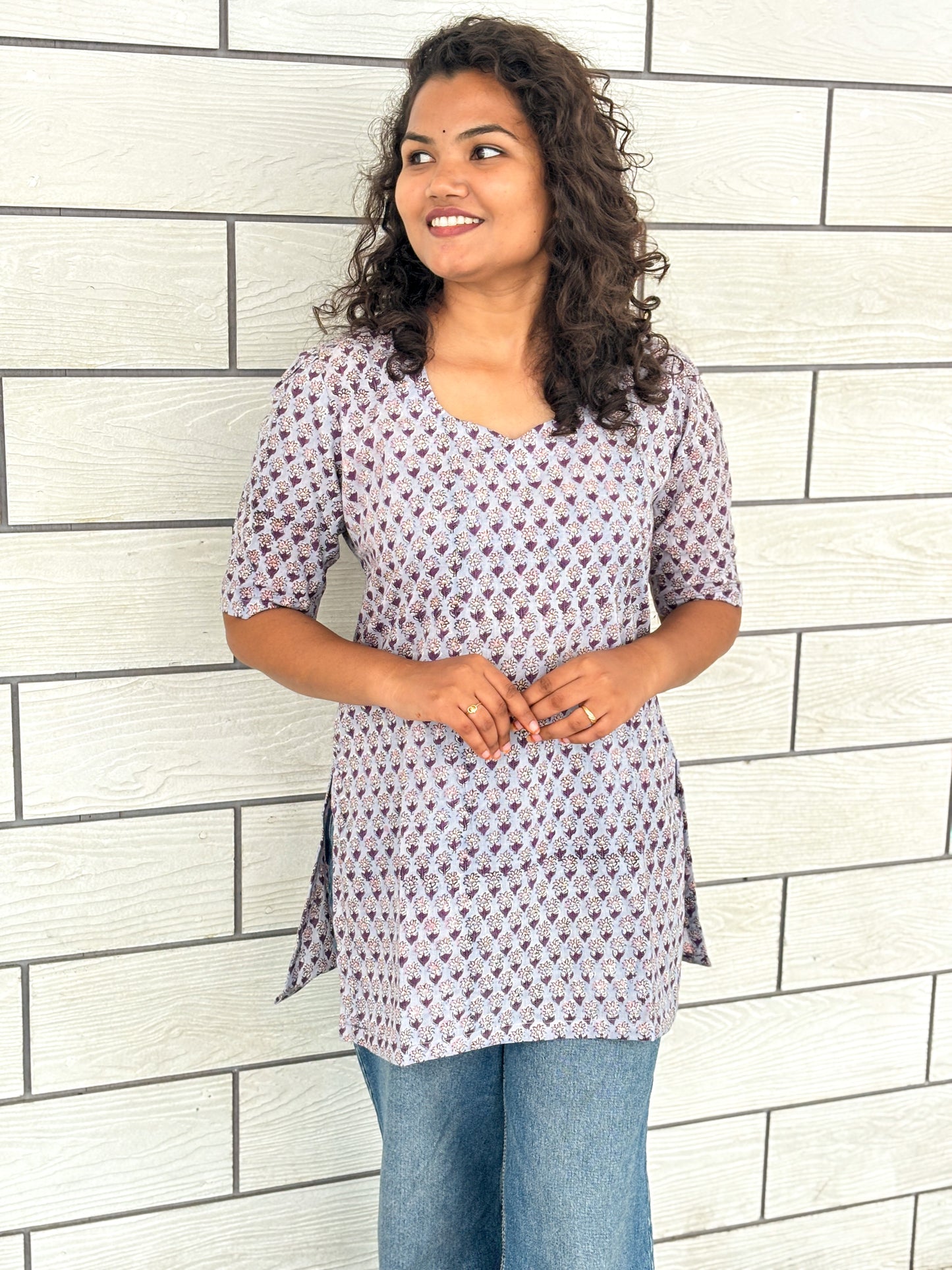 Lavender Bloom Handblock Cotton Kurti