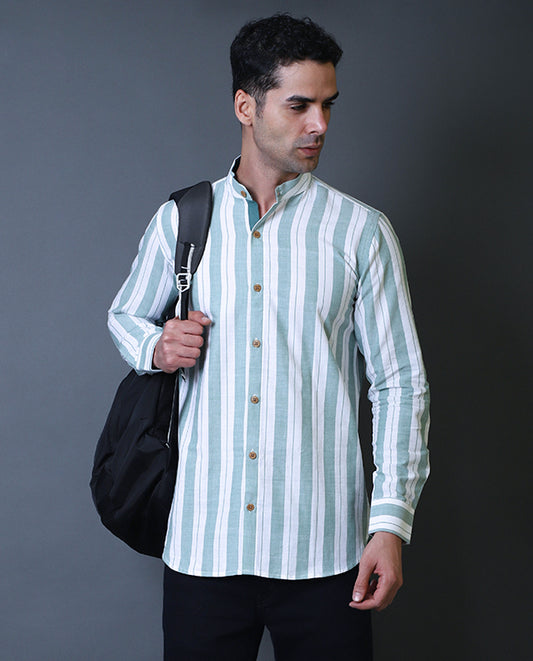 Green & White Mandarin Collar Shirt