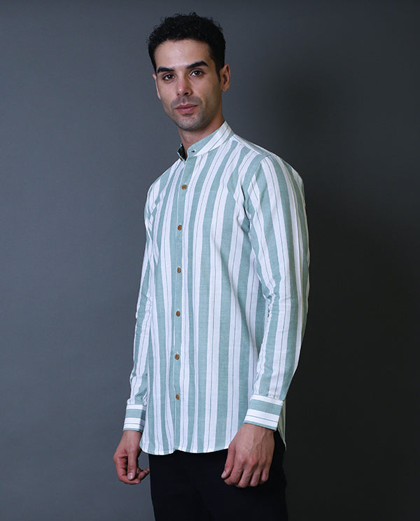 Green & White Mandarin Collar Shirt