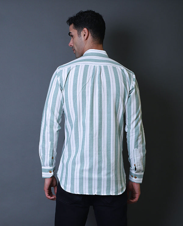 Green & White Mandarin Collar Shirt