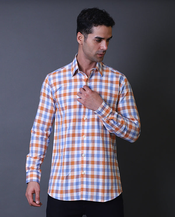 Orange and White Checks Formal Shirt