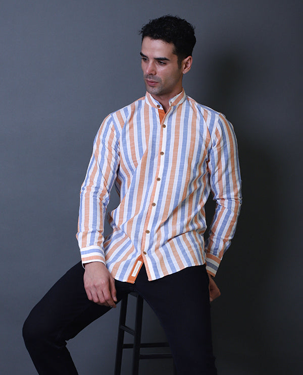 Orange & Blue Mandarin Collar Shirt