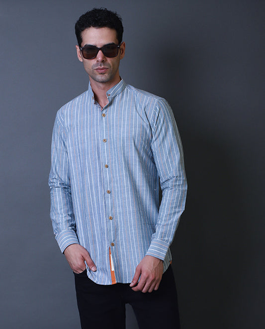 Blue Mandarin Collar Shirt