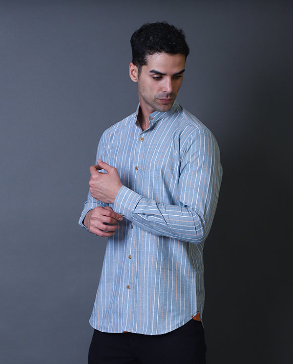 Blue Mandarin Collar Shirt