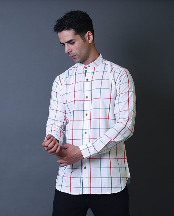 White Checks Mandarin Collar Shirt