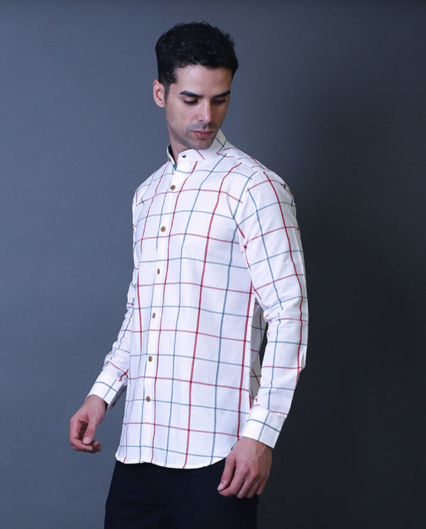 White Checks Mandarin Collar Shirt