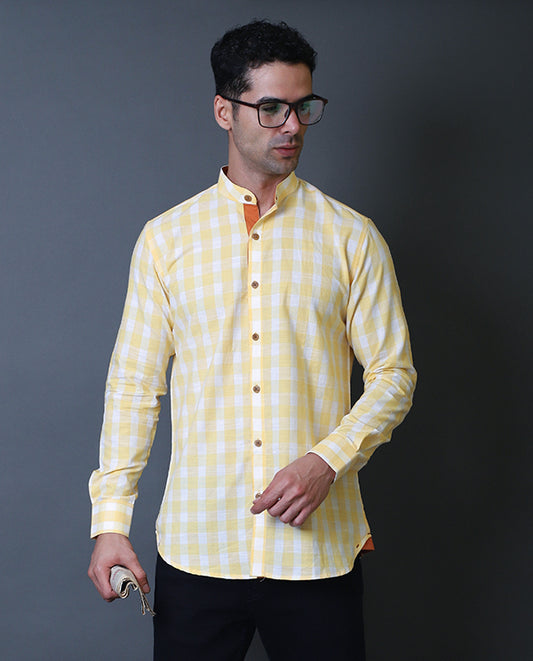 Yellow Checks Mandarin Collar Shirt