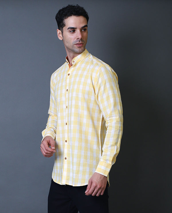 Yellow Checks Mandarin Collar Shirt