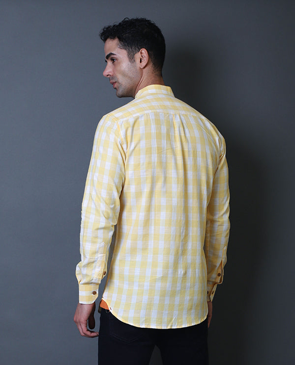 Yellow Checks Mandarin Collar Shirt