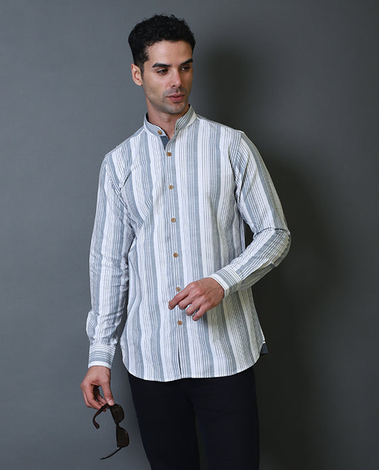 White & Grey Mandarin Collar Shirt