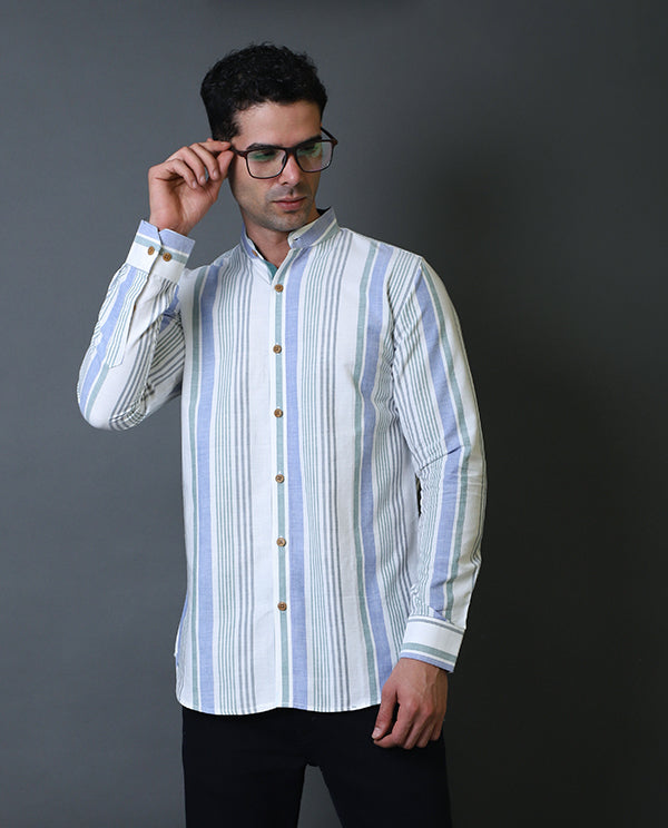 White & Blue Mandarin Collar Shirt