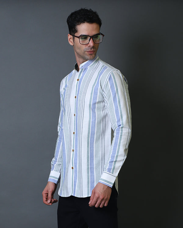 White & Blue Mandarin Collar Shirt