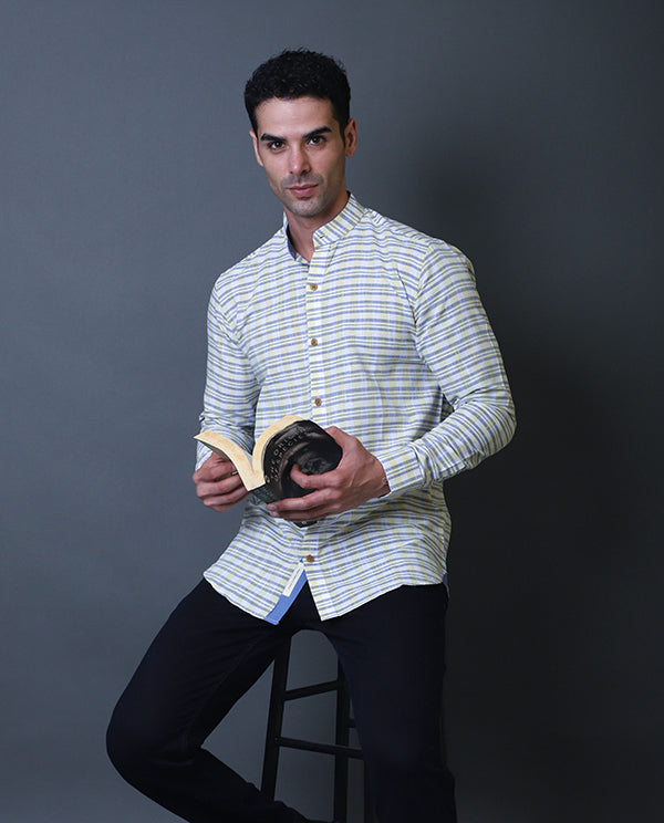 Yellow & Blue Mandarin Collar Shirt