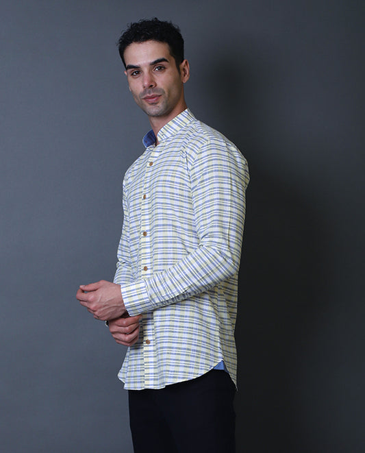 Yellow & Blue Mandarin Collar Shirt