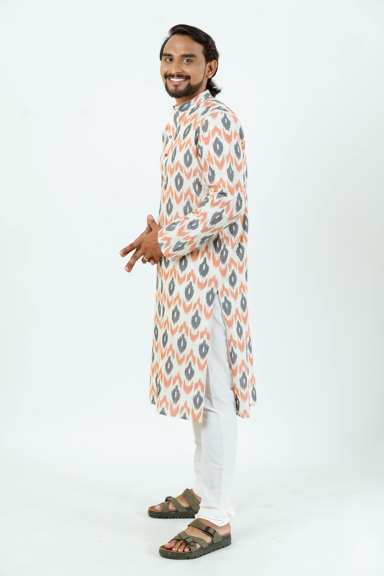 Cream & Orange Ikat Kurta