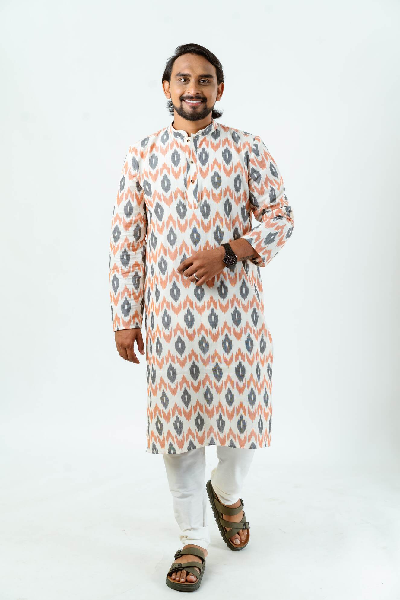 Cream & Orange Ikat Kurta