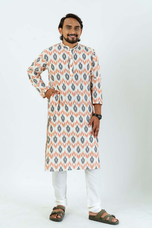 Cream & Orange Ikat Kurta