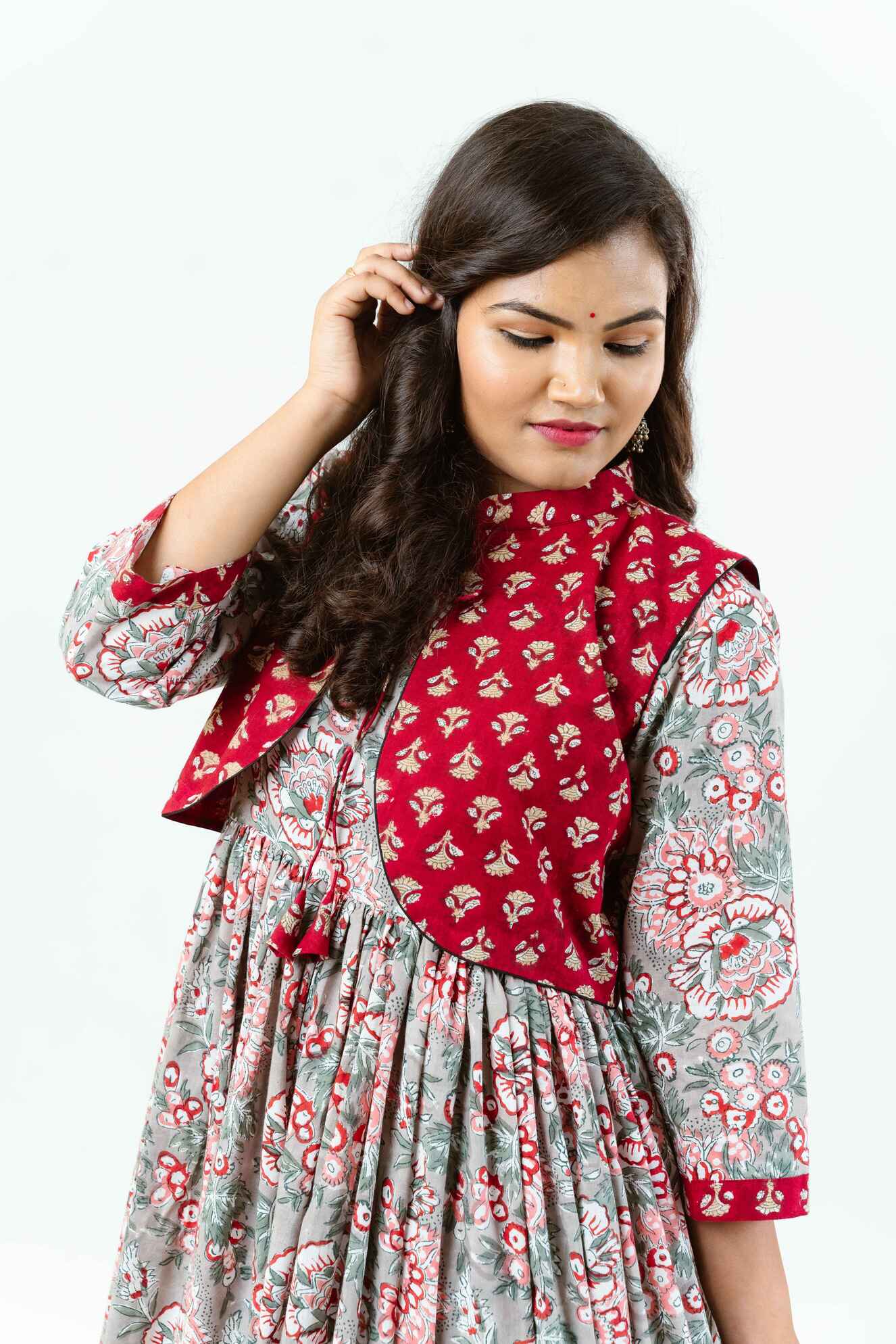 Grey Floral Block Print Dress with Red Jacket