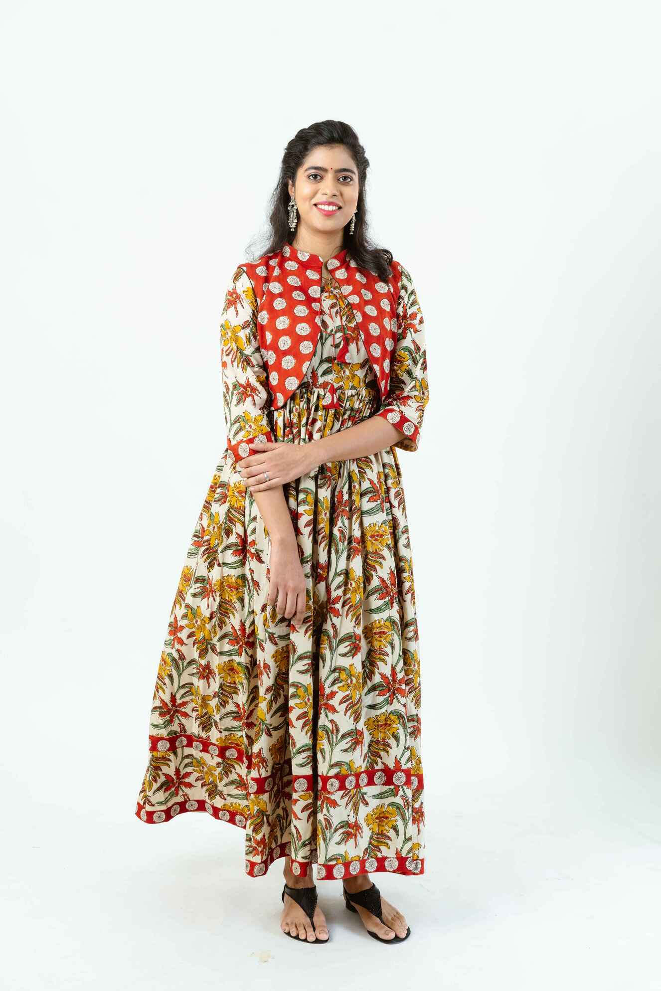 Cream & Red Floral Block Print Dress with Contrast Polka Jacket