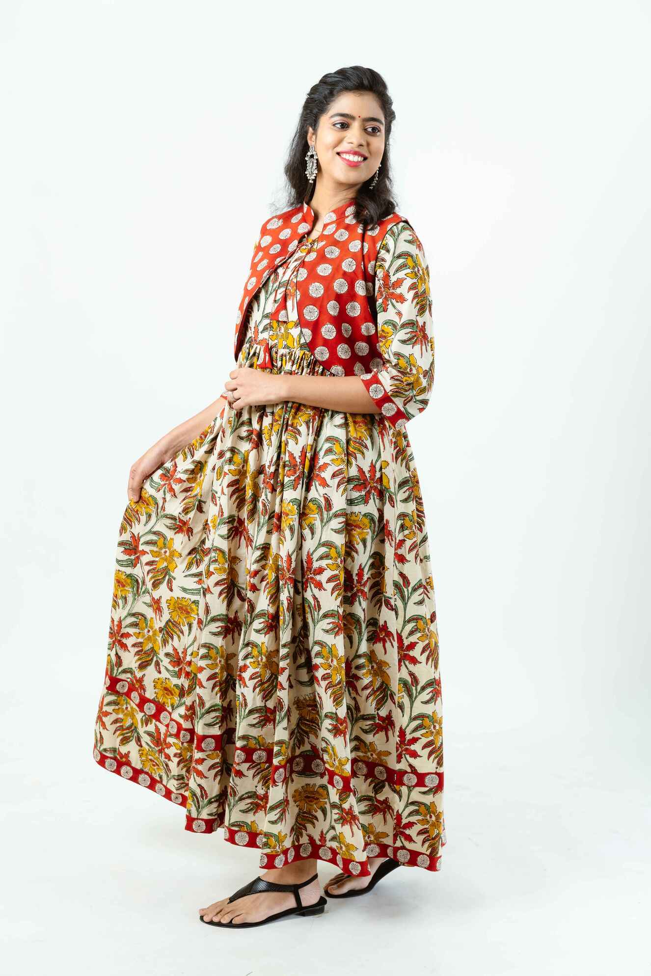 Cream & Red Floral Block Print Dress with Contrast Polka Jacket