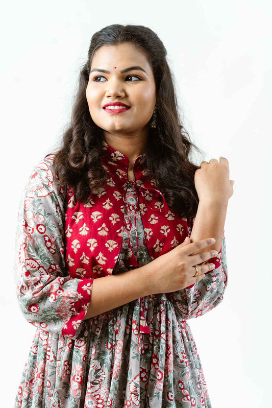 Grey Floral Block Print Dress with Red Jacket