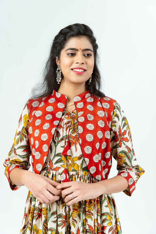 Cream & Red Floral Block Print Dress with Contrast Polka Jacket