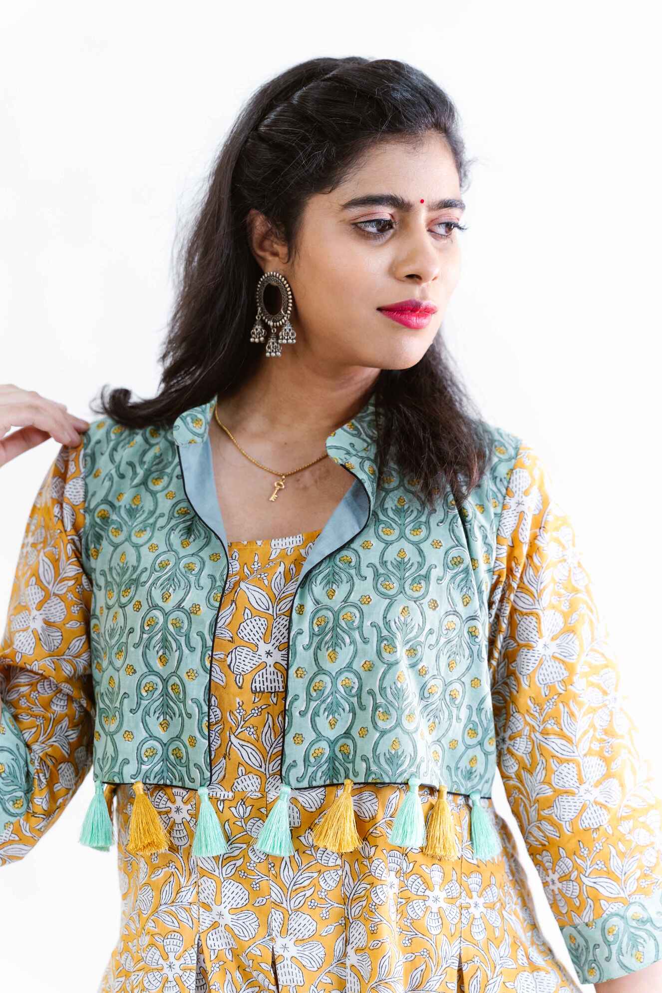 Yellow Floral Block Print Dress with Teal Jacket