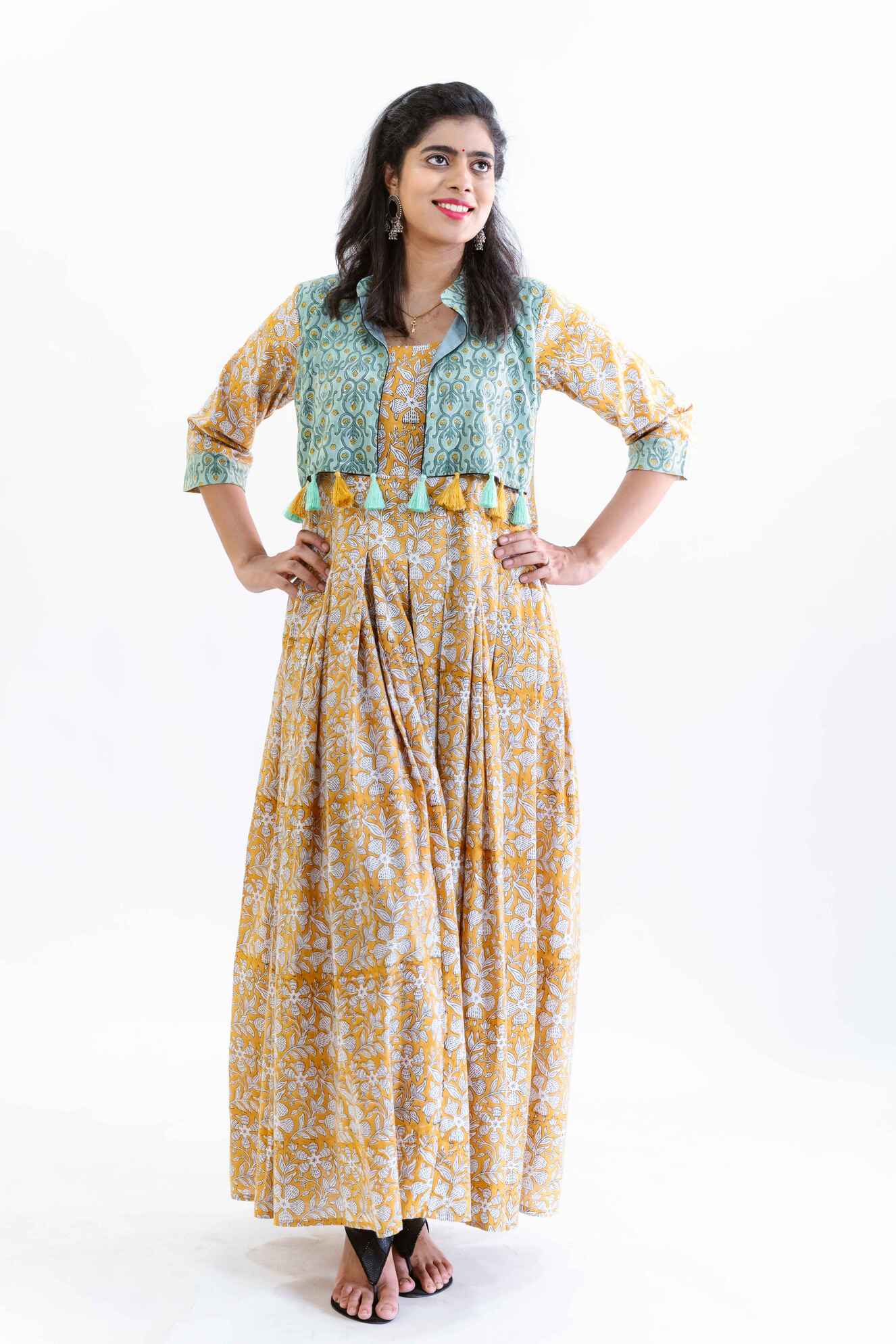 Yellow Floral Block Print Dress with Teal Jacket