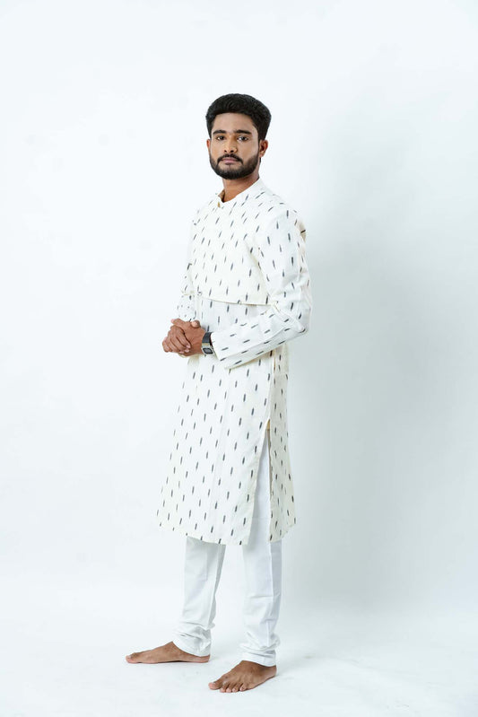 White Kurta with Black Ikat Details