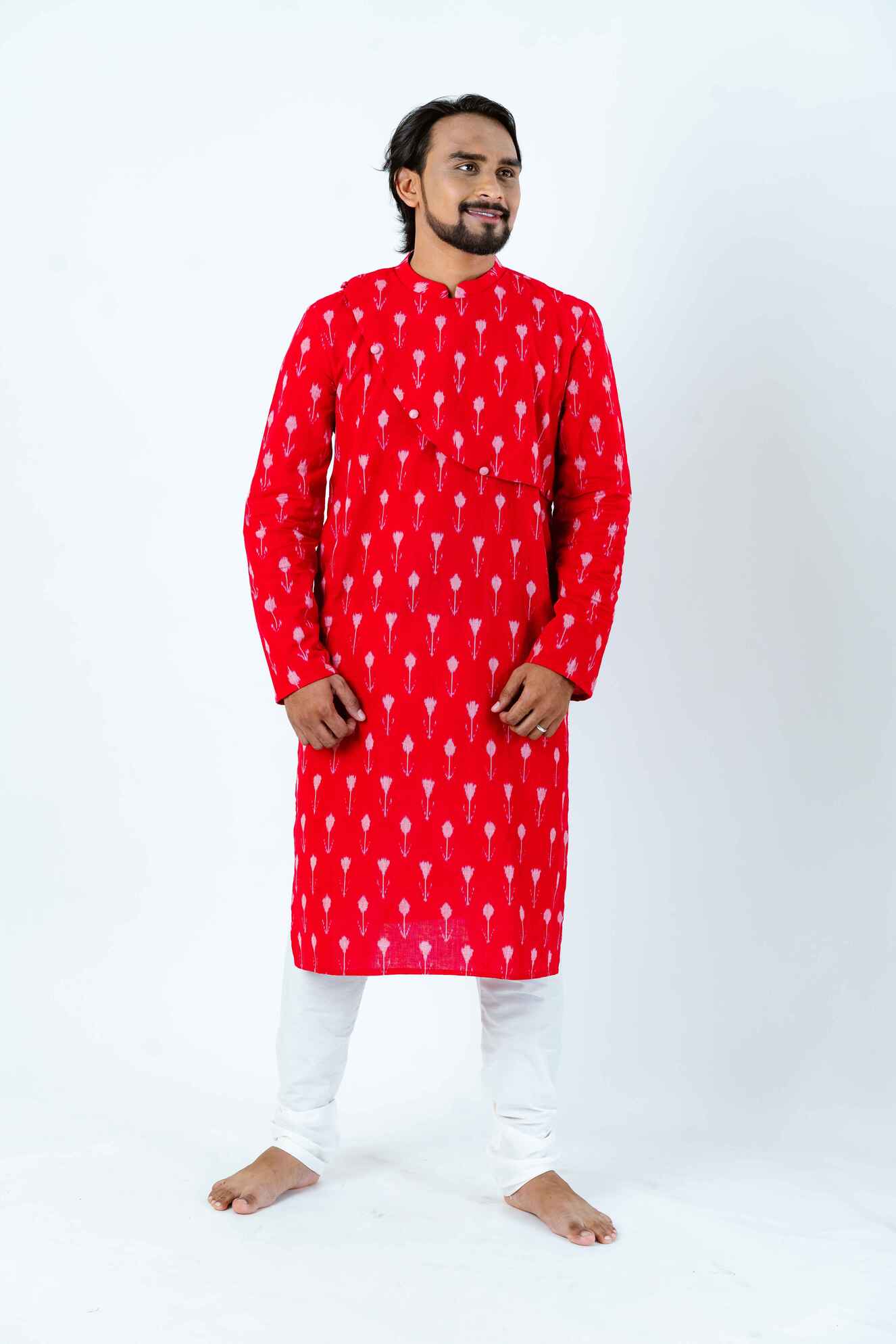 Red Printed Angrakha Kurta