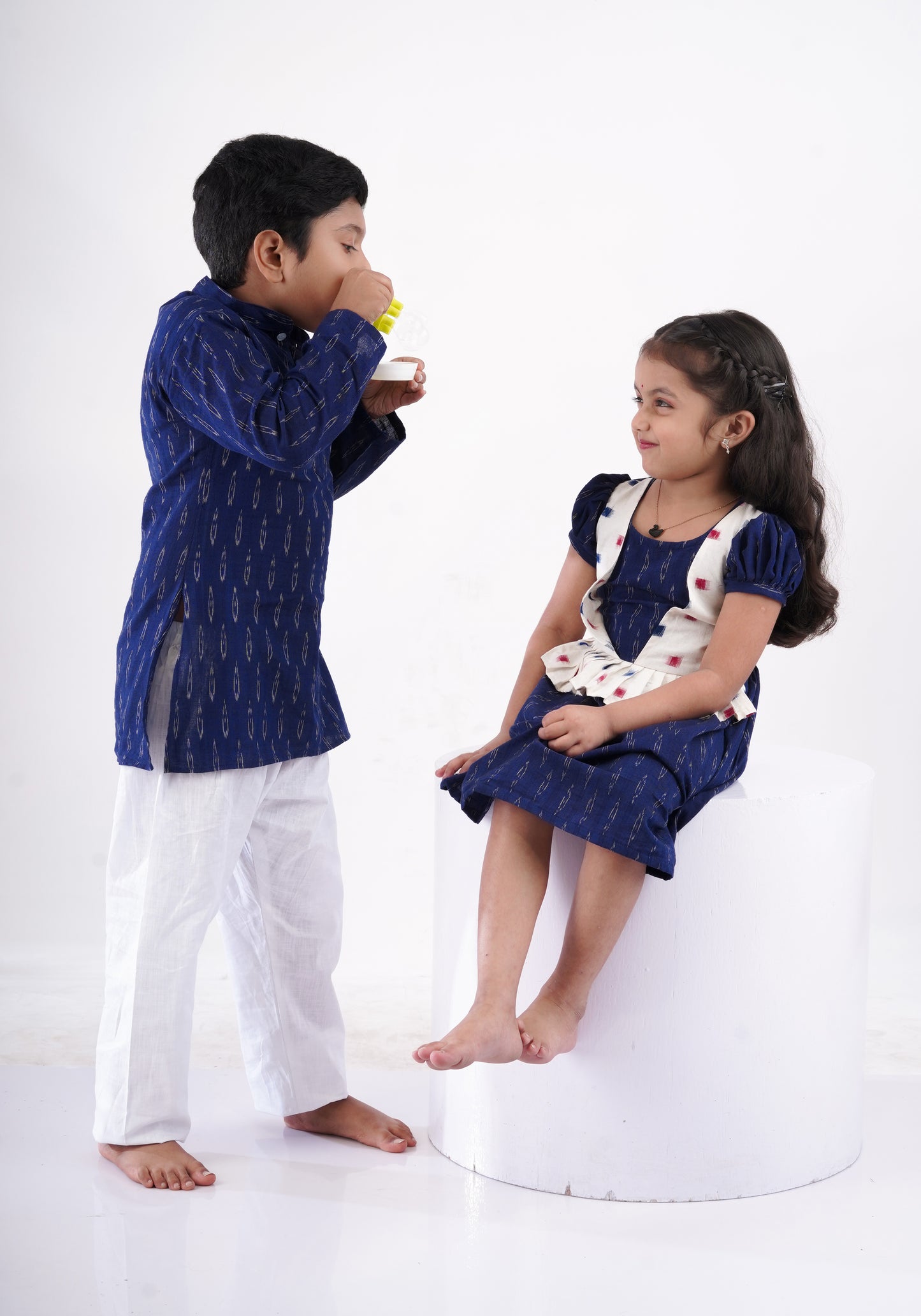 Navy Blue and Ivory Ikkat Frock  for Girls