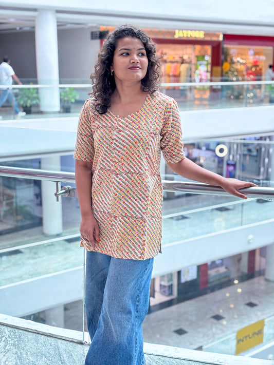 Sunshine Stripes Handblock Cotton short Kurti