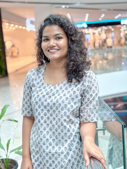 Grey Buti Handblock Cotton Kurti