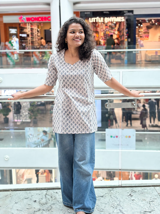 Grey Buti Handblock Cotton Kurti